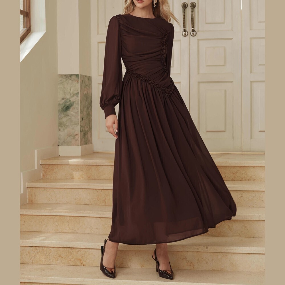 Brown Ruched Ruffle Trim Long Sleeve Round Neck Maxi Dress